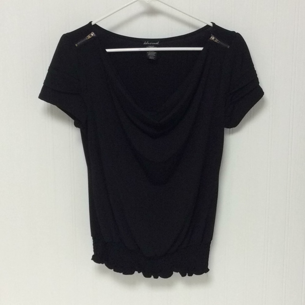 Delusional Black Drape Neck Zipper Detail Top